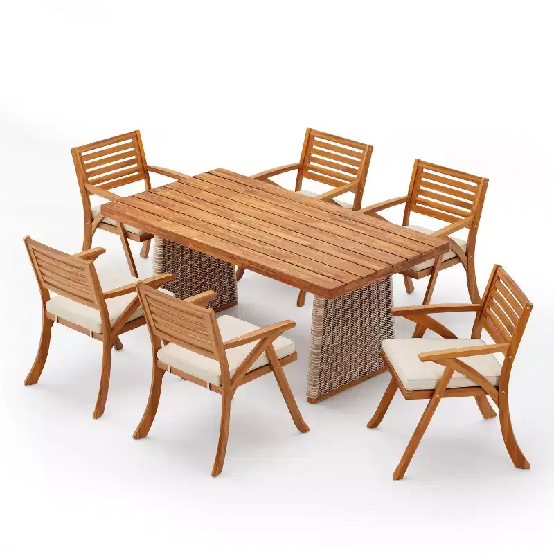 Christopher Knight Home Diana Rustic 7 Piece Outdoor Rattan Slatted Acacia Wood Dining Set with Cushions
