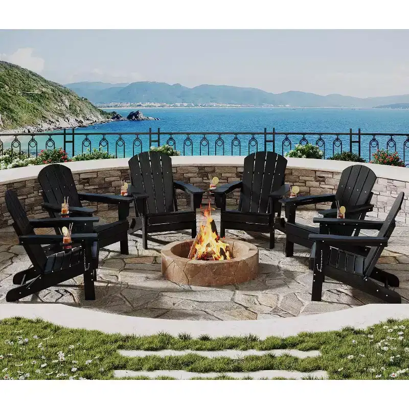 Folding Adirondack Chair Set of 4 with 2 Side Table, HDPE Outdoor Patio Chair with Cup Holder, Wooden Textured for patios, Decks, Gardens, fire Pit