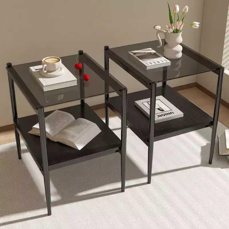 Set of 2 Rectangle End Table, Tempered Glass Tabletop with MDF layer, Modern Table for Living Room , Gray Glass