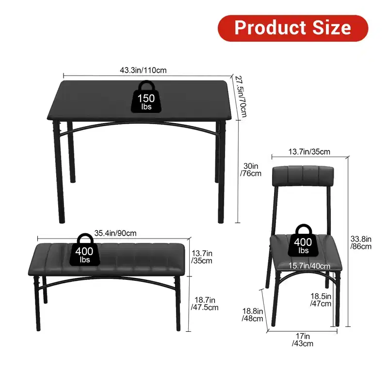 4-Piece Kitchen Dining Set with Table, Bench & 2 Chairs, Modern Space-Saving Dinette Set