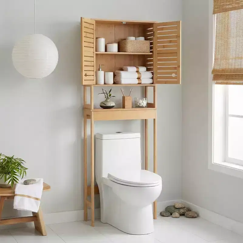 Evideco French Home Goods Over The Toilet Storage Cabinet with Double Vented Doors and Open Shelf, Natural - Trinidad Collection