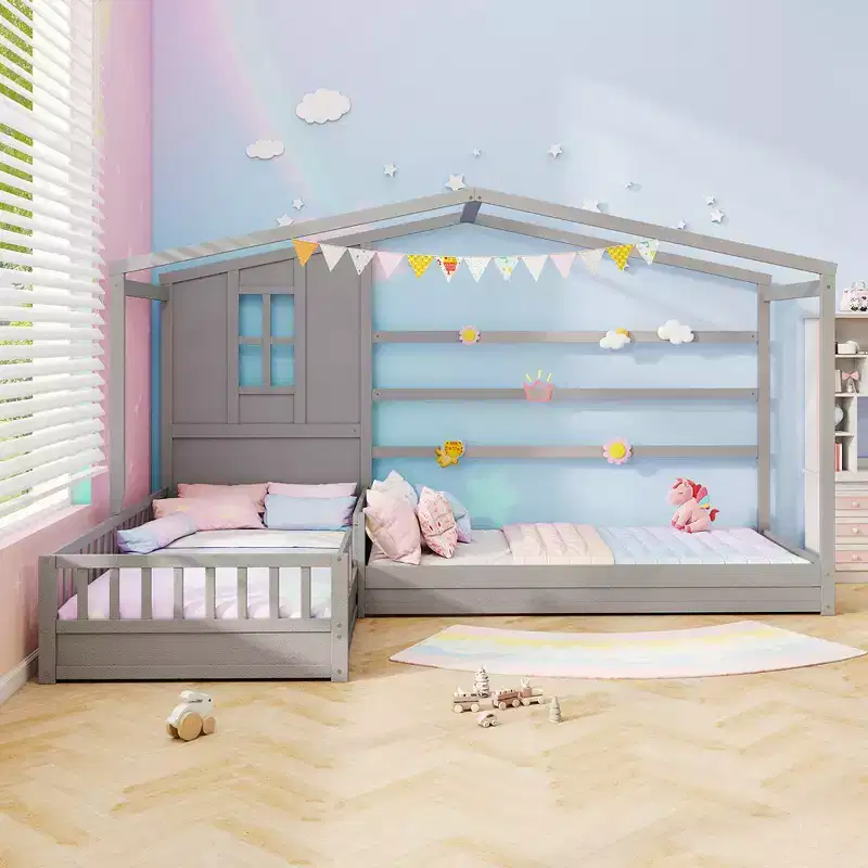 L-Shaped Double Twin House Platform Beds with Window & Fences