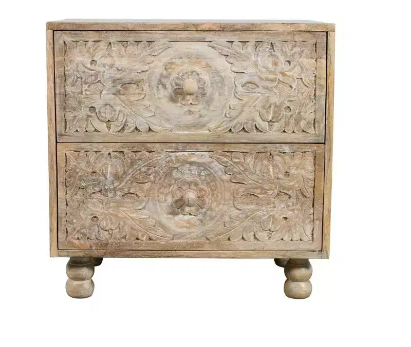HomeRoots 24 Natural Two Drawer Distressed Carved Floral Solid Wood Nightstand