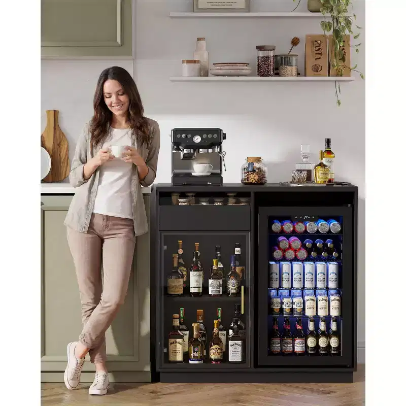 Coffee Bar Cabinet with Fridge Space, Buffet Sideboard with LED Lights & Power Outlets, Glass Door Liquor Storage Cabinet, Black