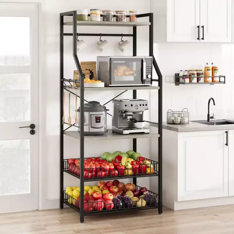 Freestanding Kitchen Bakers Rack, 5 Tier Microwave Stand with Wire Basket & Adjustable Feet, 50.7'' Tall Industrial Coffee Bar Statio