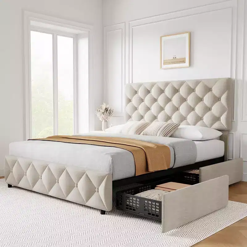 Whizmax Bed Frame with 4 Storage Drawers, Linen Upholstered Platform Bed Frame with Adjustable Headboard, Diamond Stitched Button Tufted, Off White