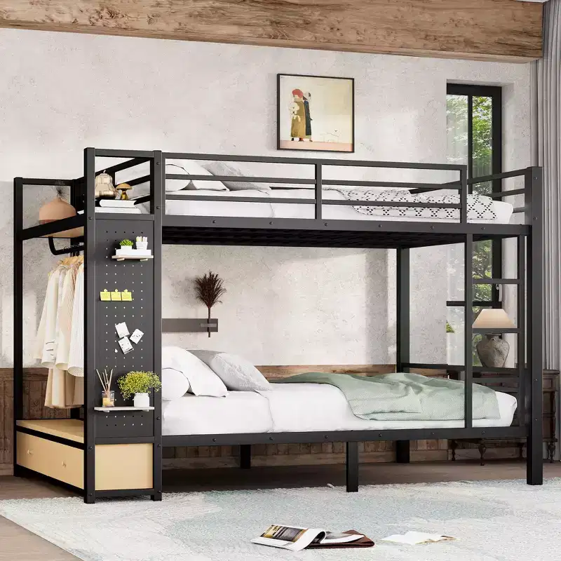 Queen over Queen size Metal Bunk Bed for Teens with Storage Shelves,Drawers and Pegboard,Black