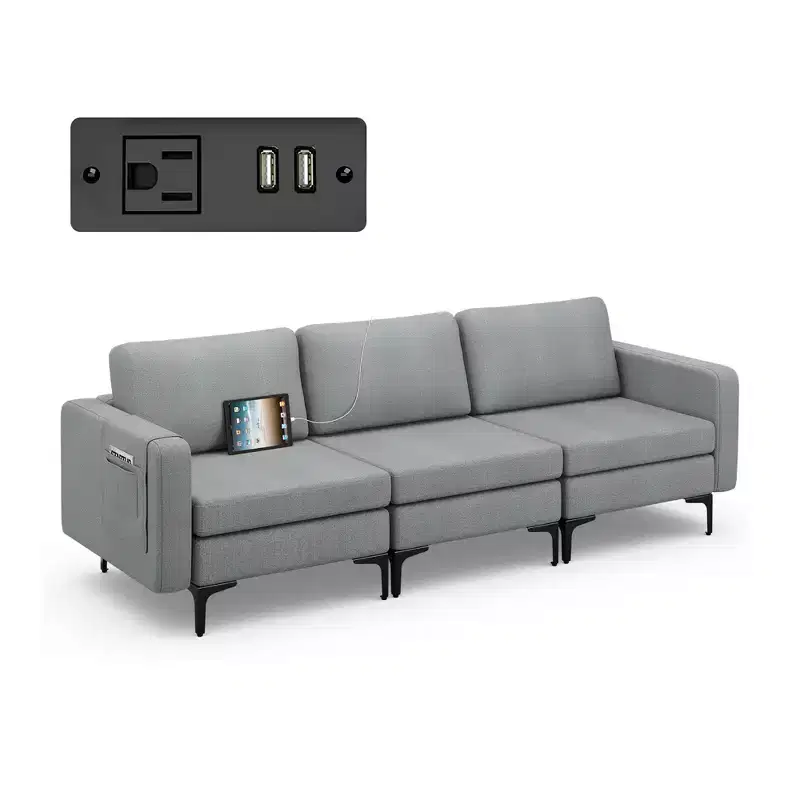 Costway Modular 3-Seat Sofa Couch w/ Socket USB Ports & Side Storage Pocket Orange\Dark Grey