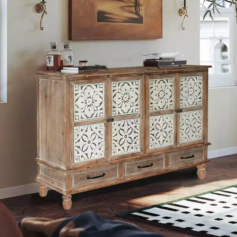 Rustic Fir Wood 59.05'' Storage Sideboard Cabinet with 3 Drawers