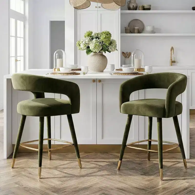 Modern Velvet Counter Height Bar Stool with Backrest, 24 Seat Height Upholstered Bar Chair with Gold Footrest, Kitchen Island Stool-Panipeachy