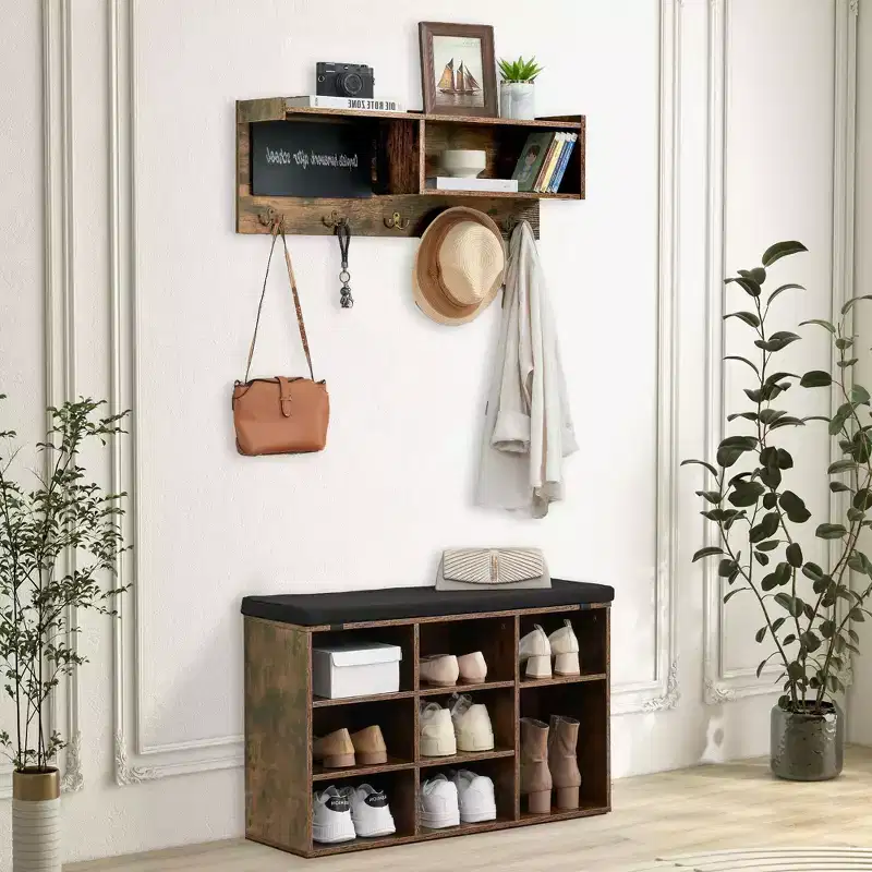 Versatile Entryway Storage Bench with Shoe Rack, Coat Hooks & Blackboard, Hall Tree Organizer for Hallway, Mudroom, Living Room