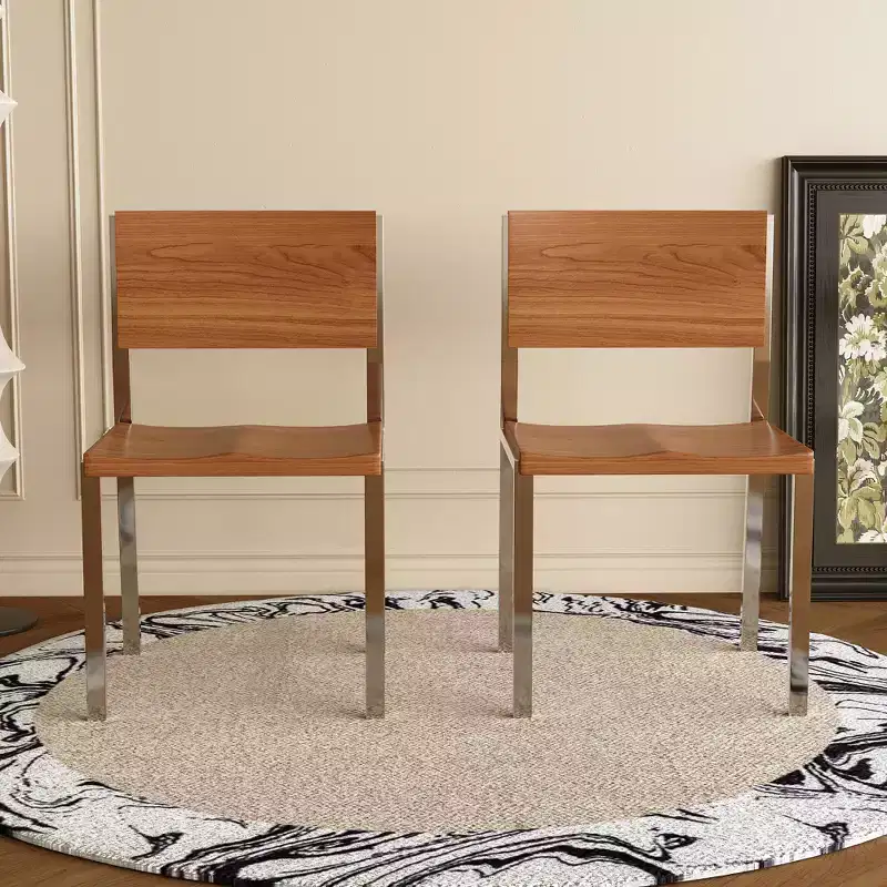 Minimalist Modern Dining Chair (Set of 2) - Stainless Steel Frame & Solid Wood Seat