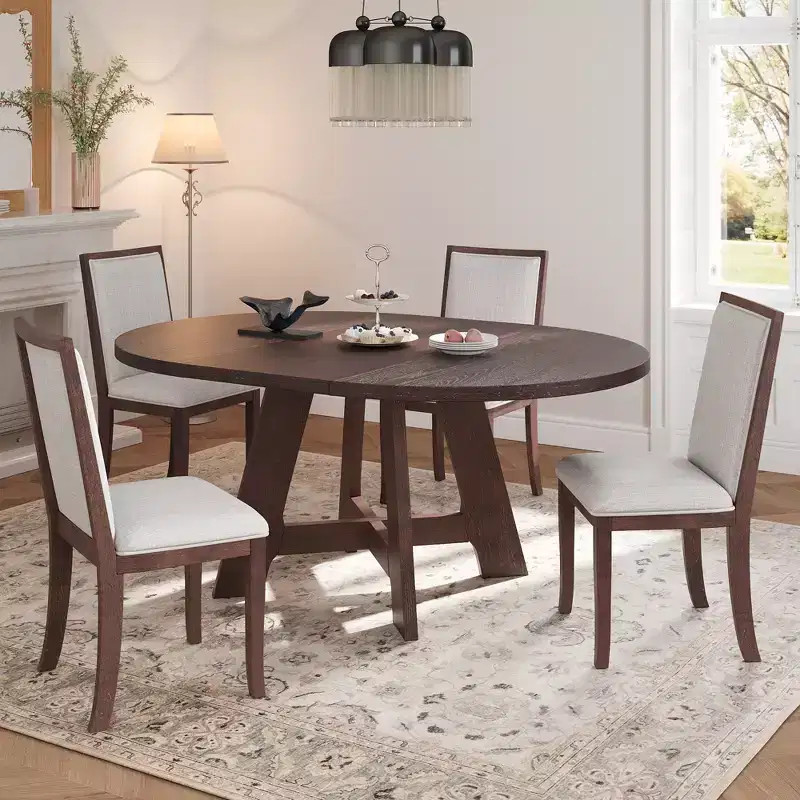 GDFStudio 5 Piece Elfa Farmhouse Extendable Dining Set with Removable Leaf and Upholstered Chairs