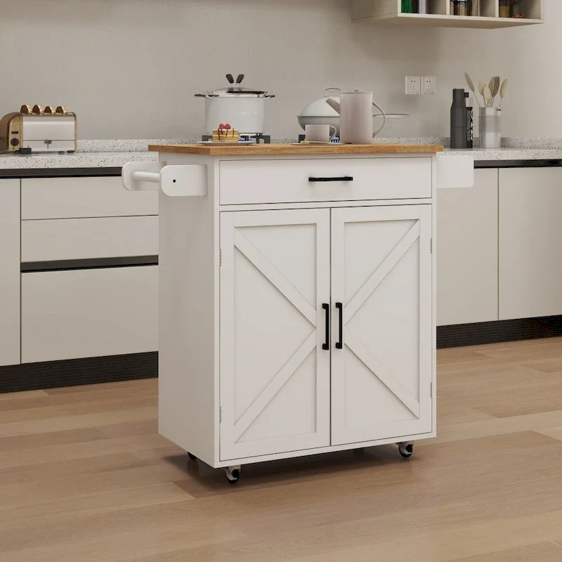 Rolling Kitchen Island Cart with Drawers, Towel Rack, and Spice Rack