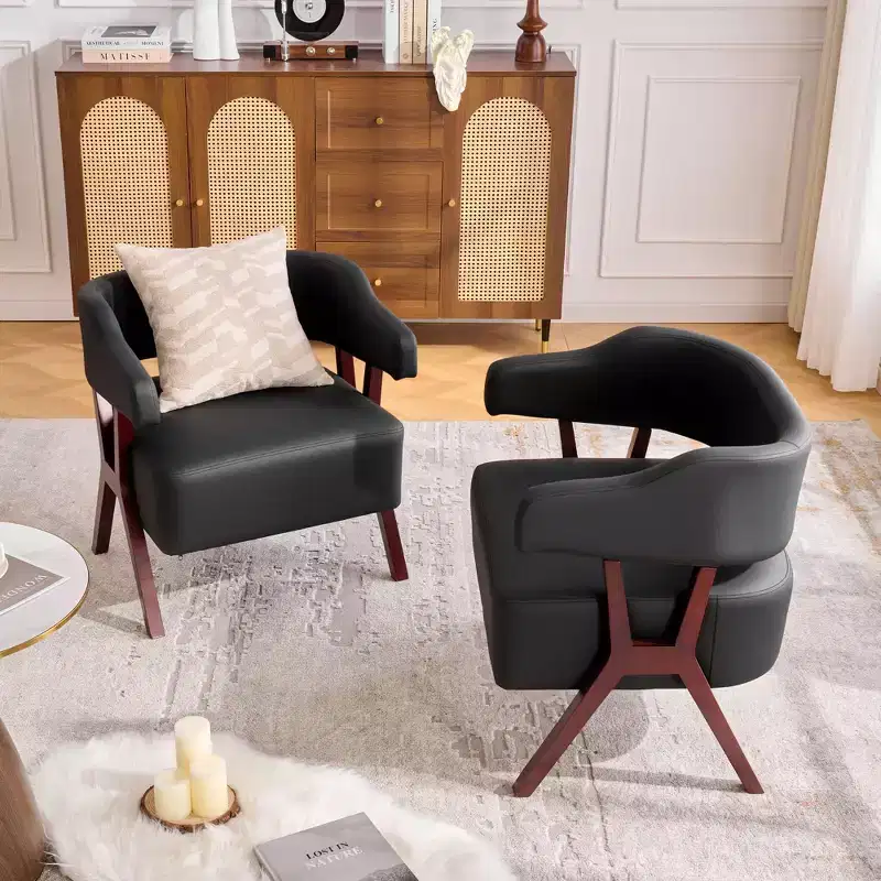 TYBOATLE Upholstered Mid Century Accent Chair with Faux Leather Wrapped Seat & Solid Wood Frame