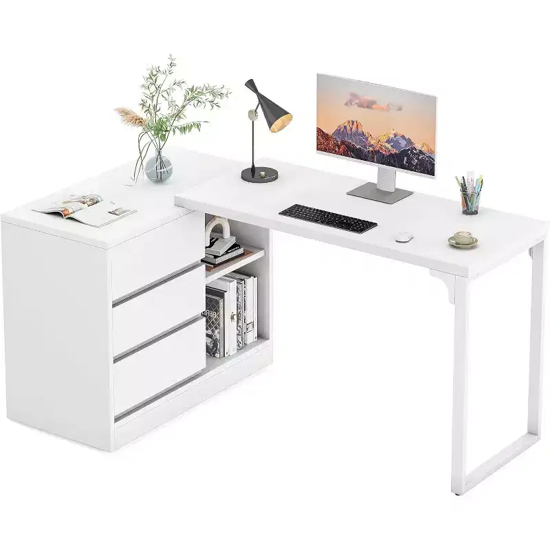L-Shaped Computer Desk with Drawers and Shelves