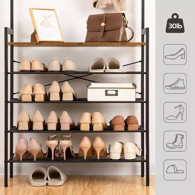Hall Tree with Bench Industrial Coat Rack 5-Tier Shoe Storage 5 Hooks for Entryway Hallway Foyer