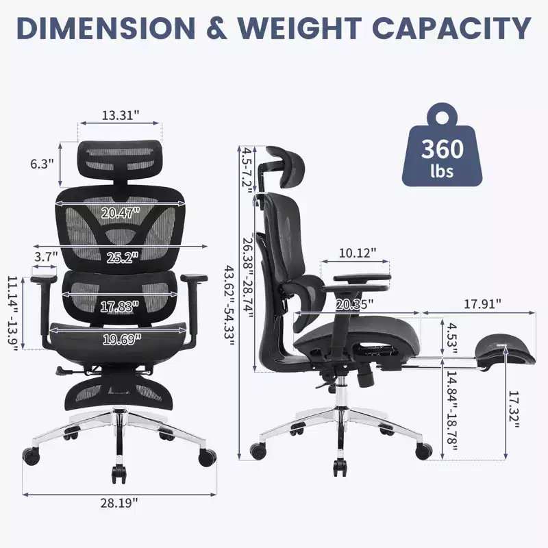 Ergonomic High Back Mesh Reclining Office Chair with Footrest, Dynamic Lumbar Support - Swivel Task Chair for Home & Gaming, Black