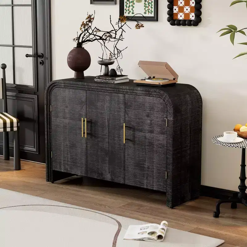 MAYEERTY Retro Curved Sideboard with Gold Handles Adjustable Divides for Living Room Dining Room Antique Black