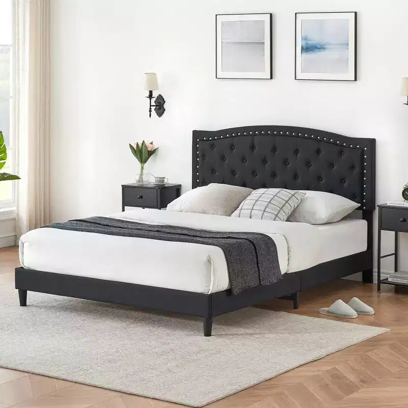 Bed Frame Upholstered Platform Bed with Adjustable Button Tufted & Nailhead Trim Headboard, Wood Slat Support, Noise-Free