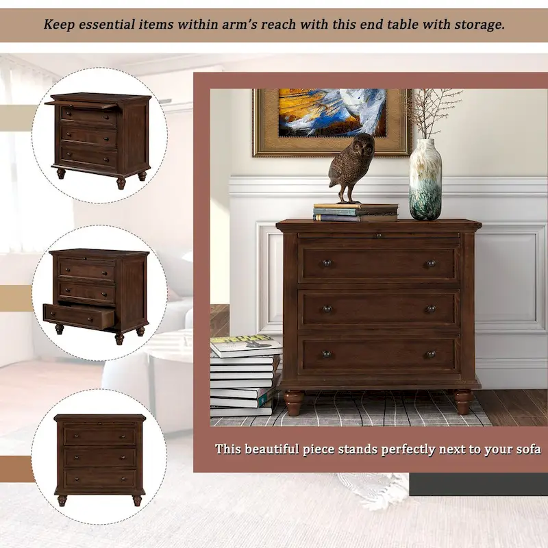 Solid Pine Wood End Table with Pull-out Tray and 3 Drawer, Easy Assembly