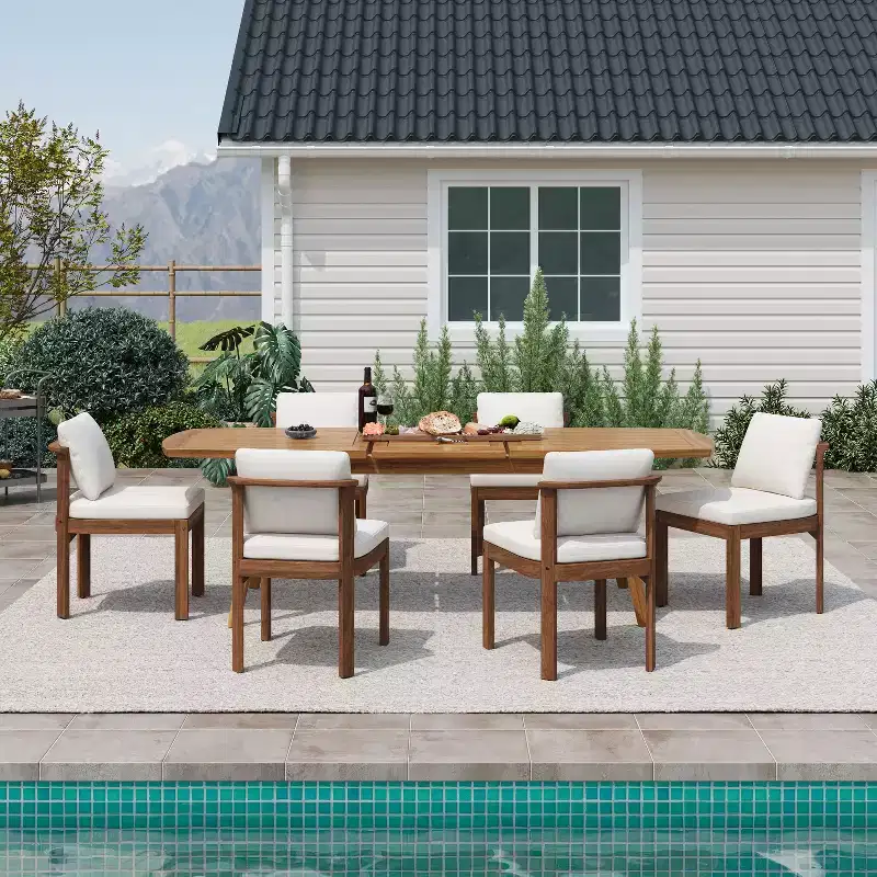 Christopher Knight Home Harrison Patio Modern 7-Piece Acacia Wood Expandable Dining Table and Chairs Set with Cushions