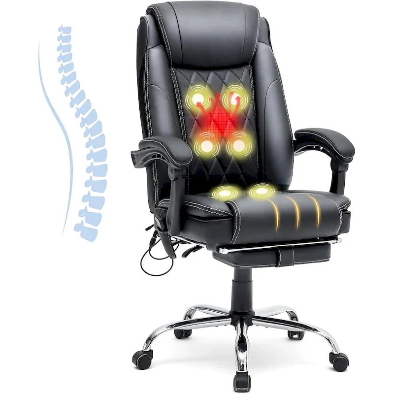 Ergonomic Heated Executive Office Chair, 2/4/6-Point Massage, Retractable Footrest, PU Leather