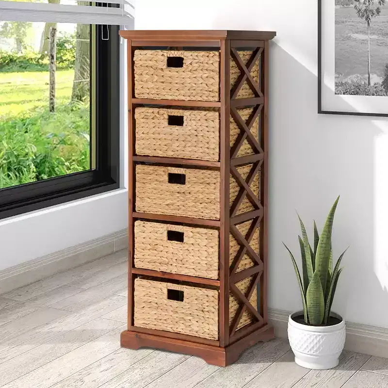 eHemco Hampton Meadows 5 Tier X-Side End Storage Cabinet with 5 Water Hyacinth Natural Wicker Baskets