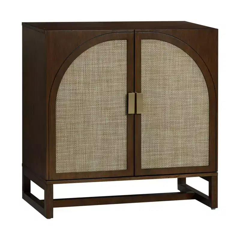 Boho Wood Storage Cabinet with 2 Arched Rattan Doors & Adjustable Shelves, Dark Brown