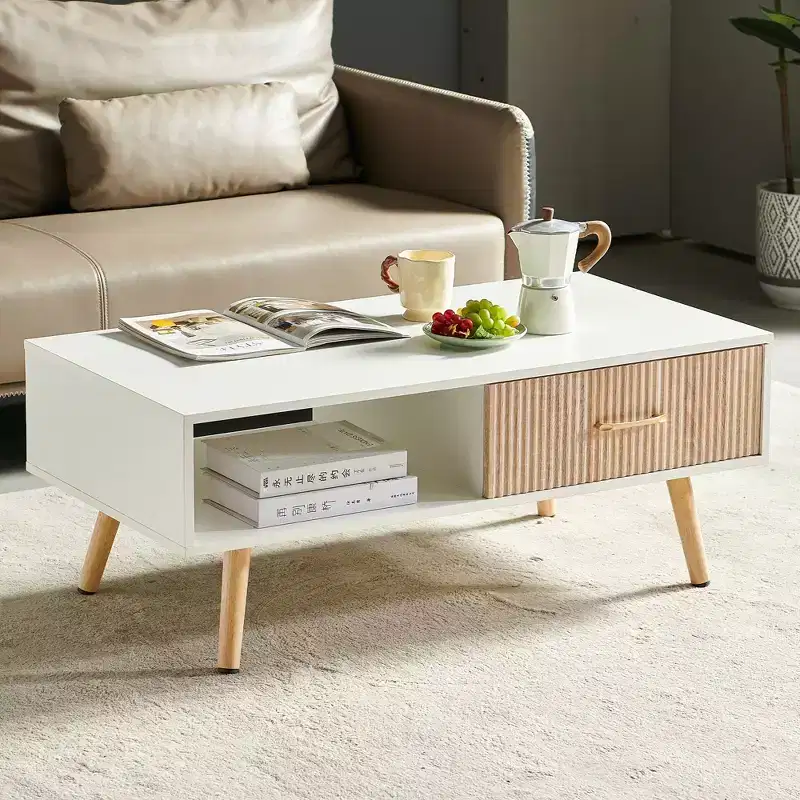 Rectangle Coffee Table with Solid Wood Legs, Sliding Drawer for Storage, Modern Table , White