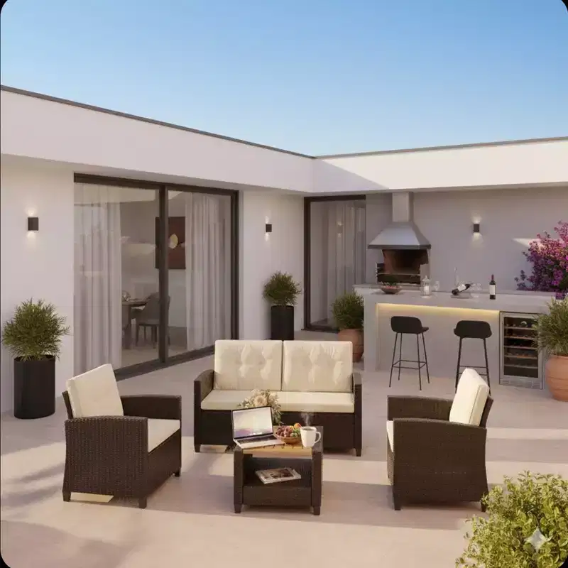 4-Piece All Weather Wicker Outdoor Patio Conversation Set with Beige Cushions and Accacia Wood Table
