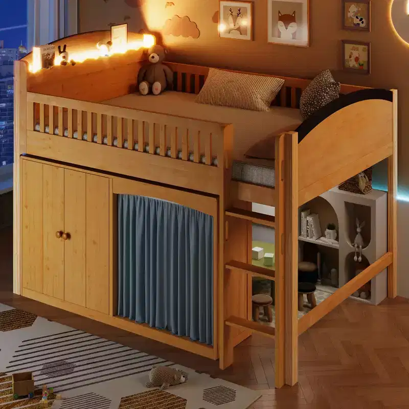 Twin/Full Size Loft Bed for Kids with Storage Cabinet, Wardrobe with Curtain & LED Light - ModernLuxe