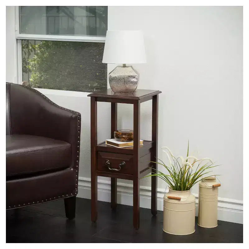 Acacia Wood Accent Table with Drawer and Open Shelf