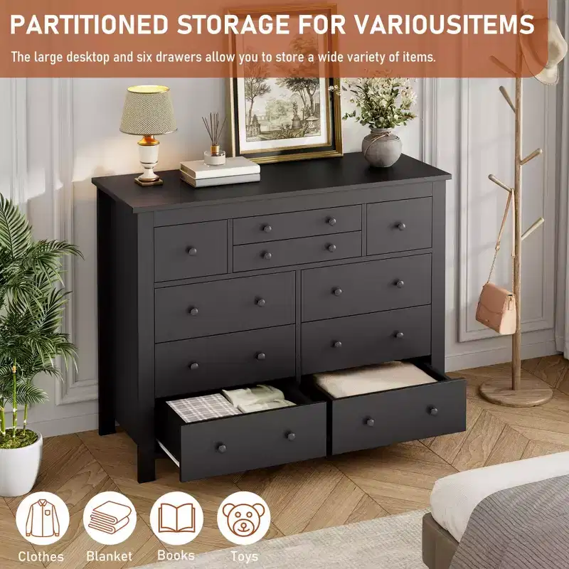 Modern Wooden Storage Dresser for Closet, 10 Drawer Large Black Dresser for Bedroom, Deep Drawers,