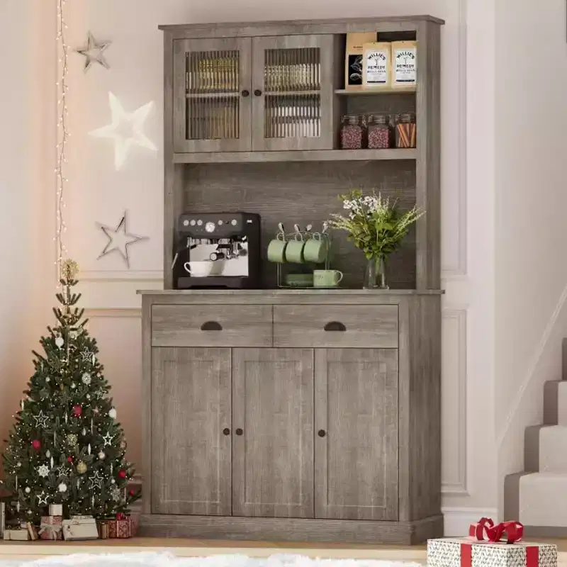 71 Tall Freestanding Pantry Cabinet with Microwave Stand, Drawers & Adjustable Shelves, Farmhouse Kitchen Hutch Storage Cabinet for Home