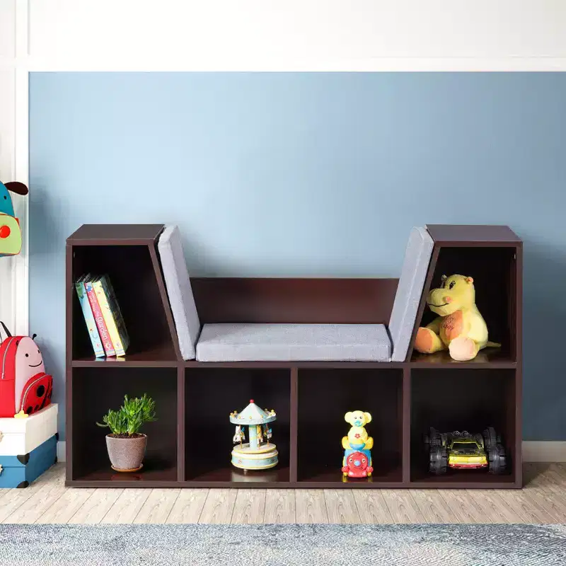 6-Cubby Kids Storage Bookcase with Reading Nook Cushion – Brown, 110 lb Capacity