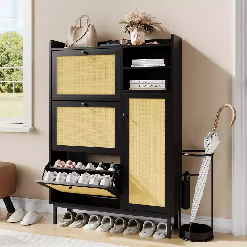 Freestanding Rattan Shoe Cabinet – 3 Flip Drawers & 5-Tier Shelves, Entryway Organizer