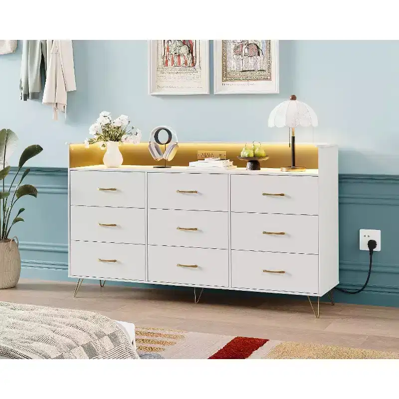 9-Drawer Tall Wooden Dresser with RGB Light & Charging Station, White