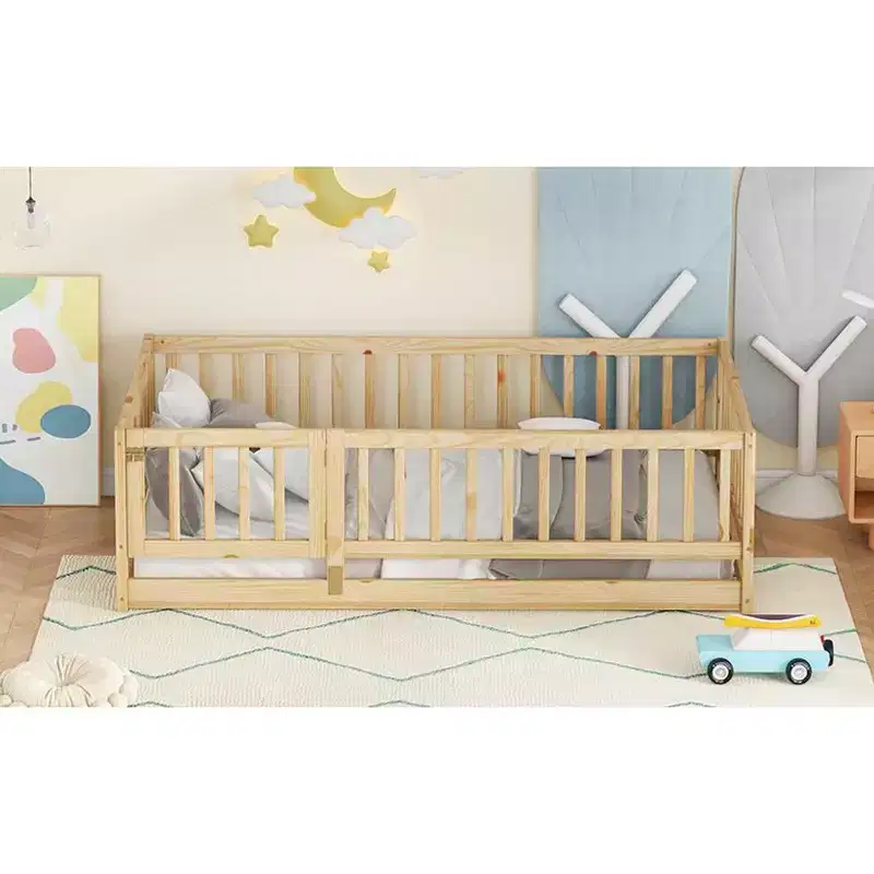 TUYOHW Montessori Floor Bed with Slat Support for Kids,Solid Pine Wood Bed Frame,Slatted Low Profile Bed with Doors,300lbs Capacity