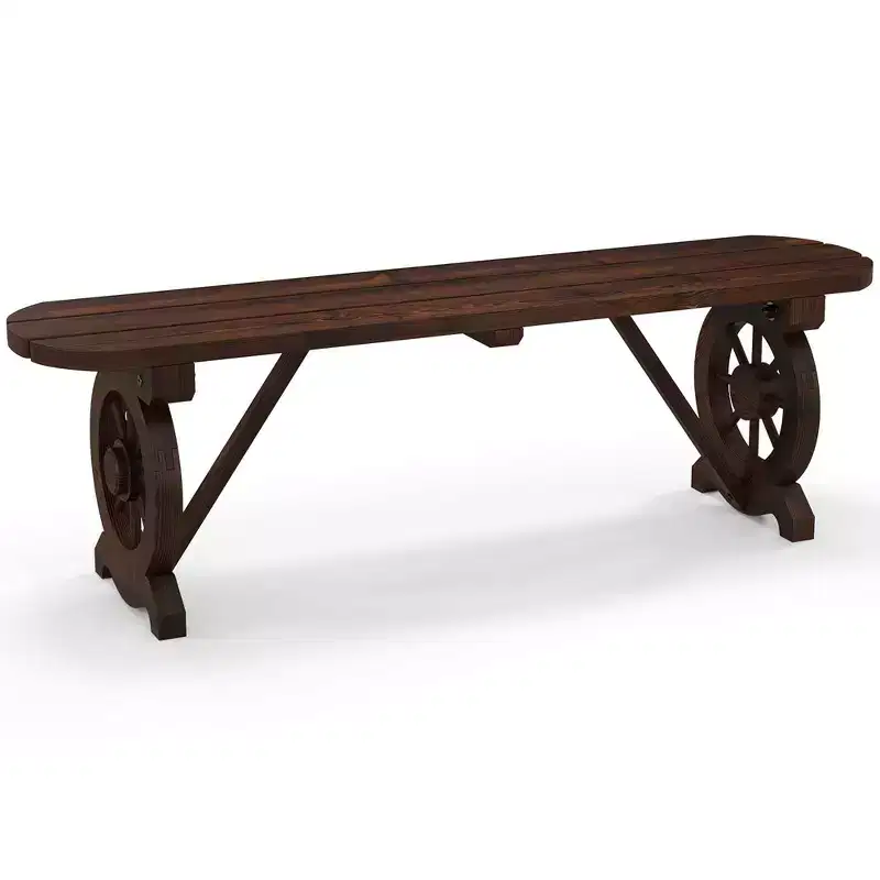 Costway Patio Rustic Wood Bench with Wagon Wheel Base Slatted Seat Design 710 LBS Max Load