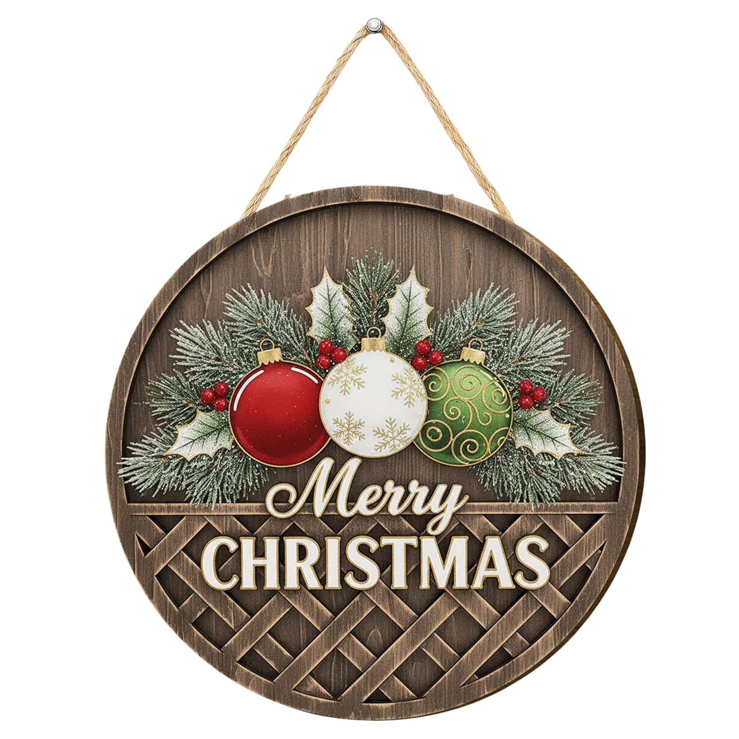 Round Wooden Christmas Wall Hanging Decor, Rustic Merry Christmas Sign with Ornaments,Wall Hanging (10 Inches)