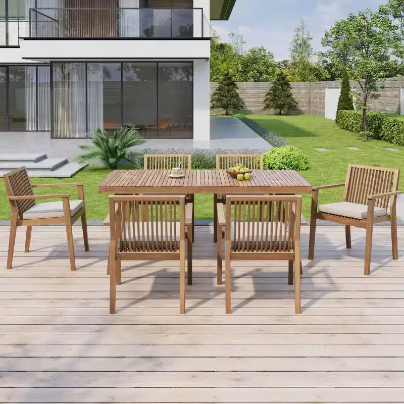 Christopher Knight Home Caitlyn Rustic 7 Piece Patio Acacia Wood Dining Set with Cushions