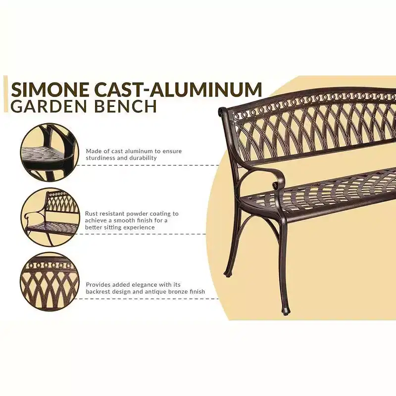 Balkene Home Simone Outdoor Cast Aluminum Patio Bench Heavy Duty Rust Free Aluminum Construction - Antique Bronze Finish