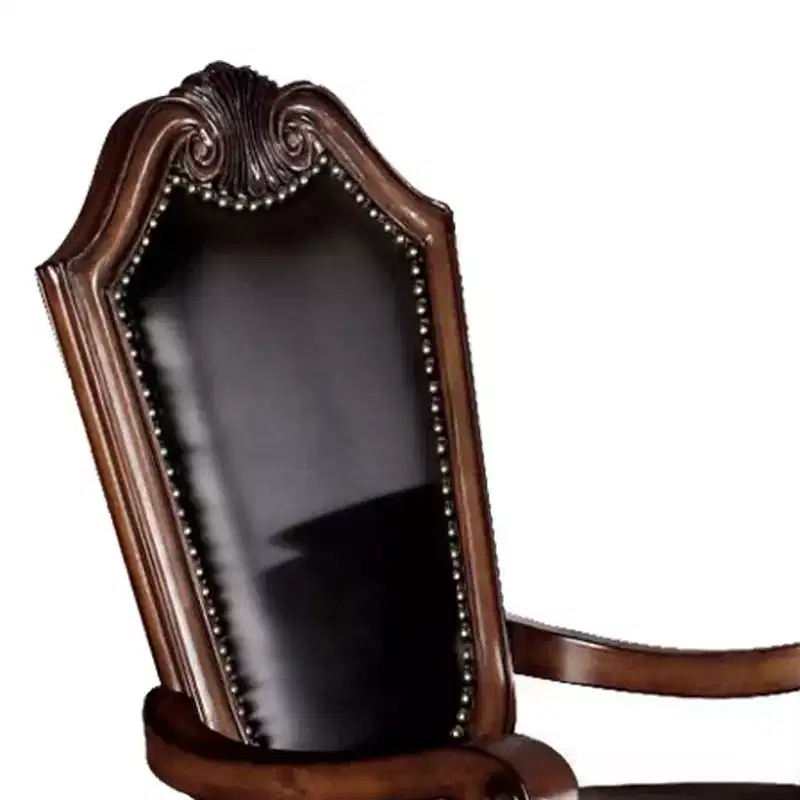 28" Chateau De Ville Dining Chair Black Synthetic Leather and Cherry Finish - Acme Furniture: Queen Anne Legs, Shell Carvings