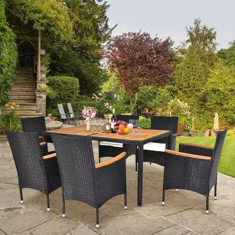 VINGLI 7 Pieces Patio Dining Set, Wicker Outdoor Dining Set for 6 Patio Furniture Set with Acacia Wood Table Outdoor Table and Chairs for Garden