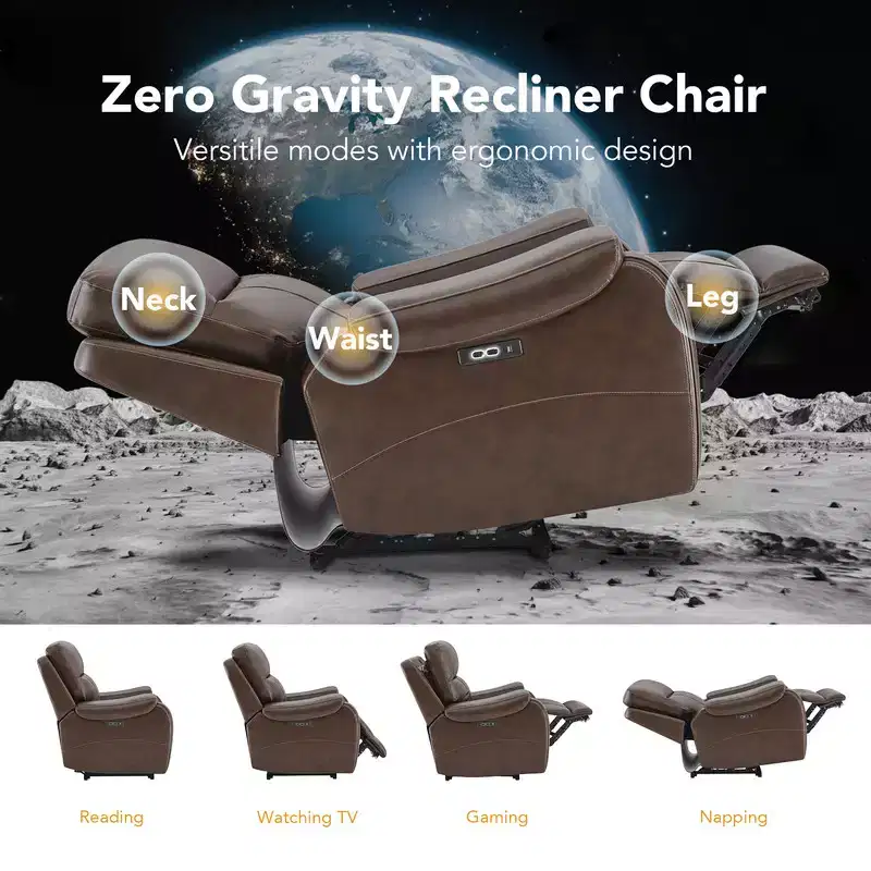 Spruce & Spring Genuine Leather Zero Gravity Power Recliner Chair with Charging Ports