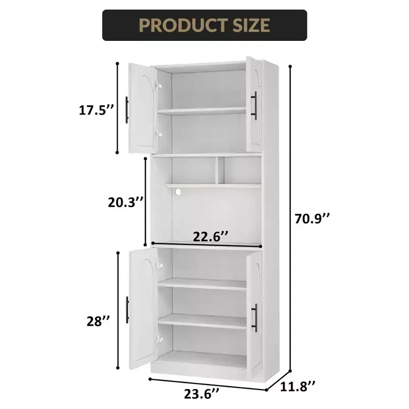 Kitchen Bar Pantry Cabinet with RGB Light, Tall Hutch with Microwave Stand, Barn Doors and 2 Open Shelves