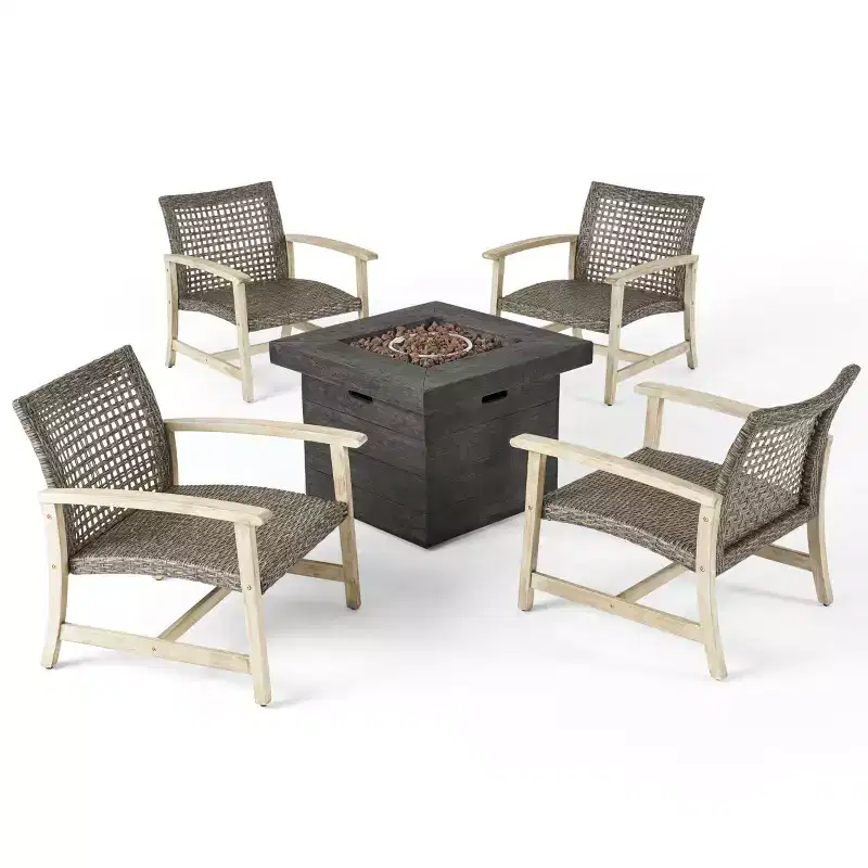 GDFStudio Jennings Outdoor Acacia Wood and Wicker 5 Piece Club Chair and Fire Pit Set