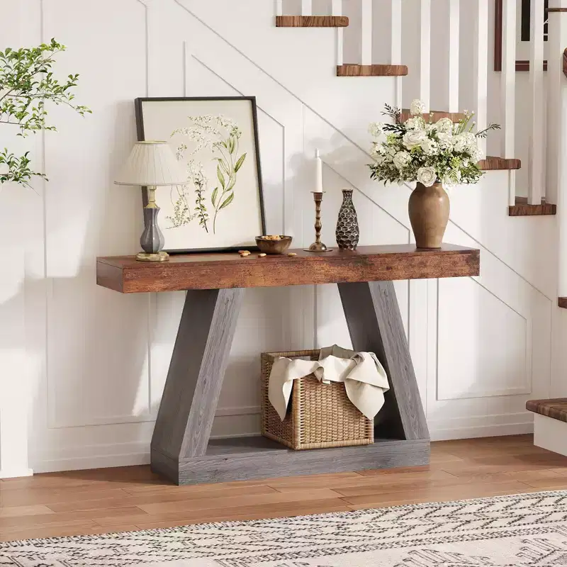 Industrial 2-Tier Sofa Table 55 Inch with Open Storage Shelves, Farmhouse Wooden Entryway Table Trapezium TV Console for Living Room Hallway Porch
