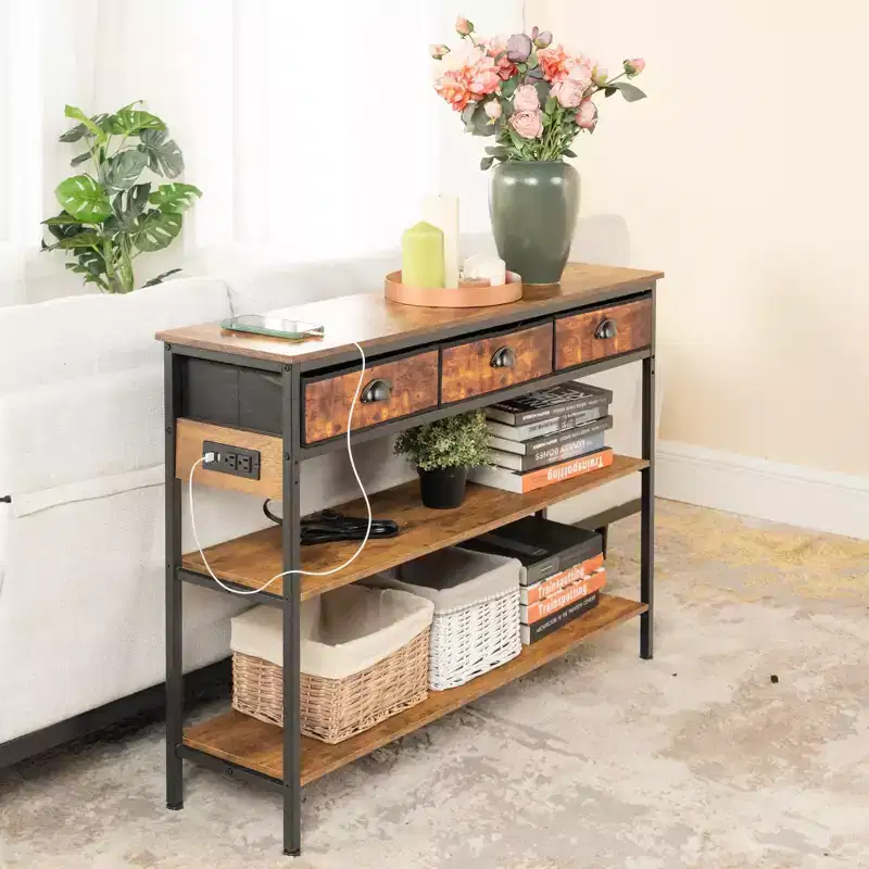 Brown & Black 3-Tier Console Table with Power Outlets, USB Ports & 3 Fabric Drawers (1-Person Assembly)